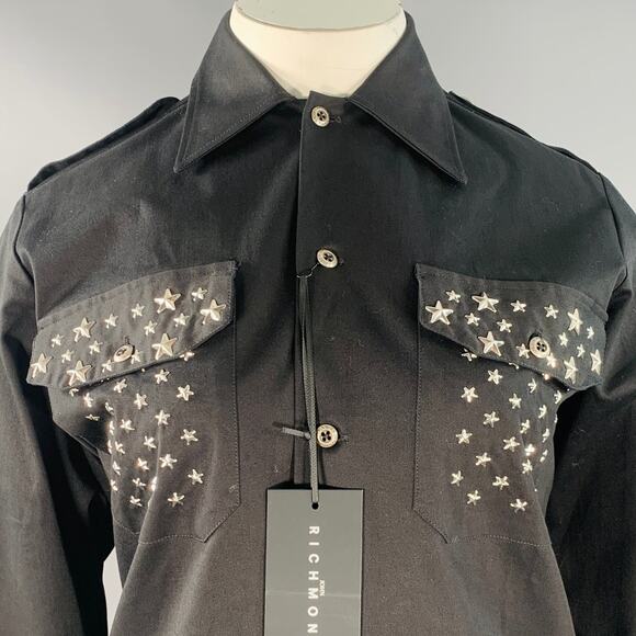 JOHN RICHMOND Size L Black Silver Cotton Blend Studded Stars Two Pockets Shirt - Picture 2 of 9